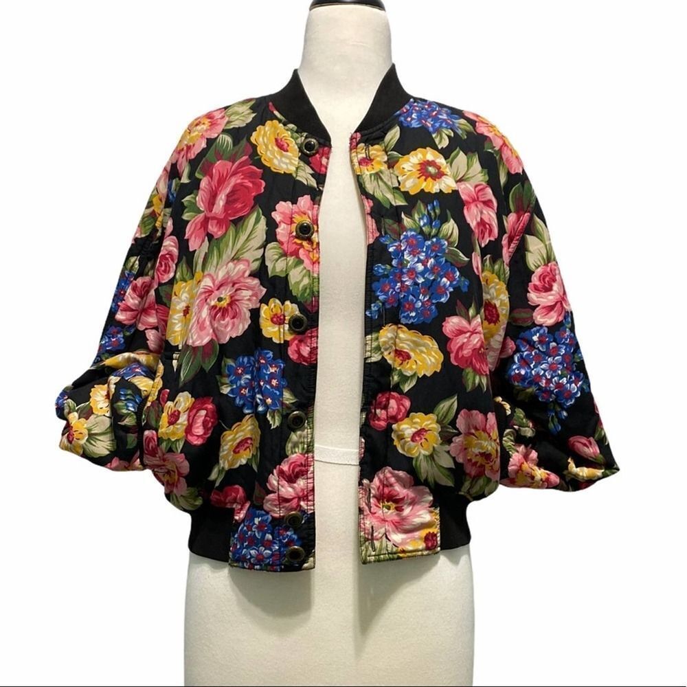 Liz Claiborne Lizwear Petites Vintage 1980s Floral Bomber Jacket Small Black‎
